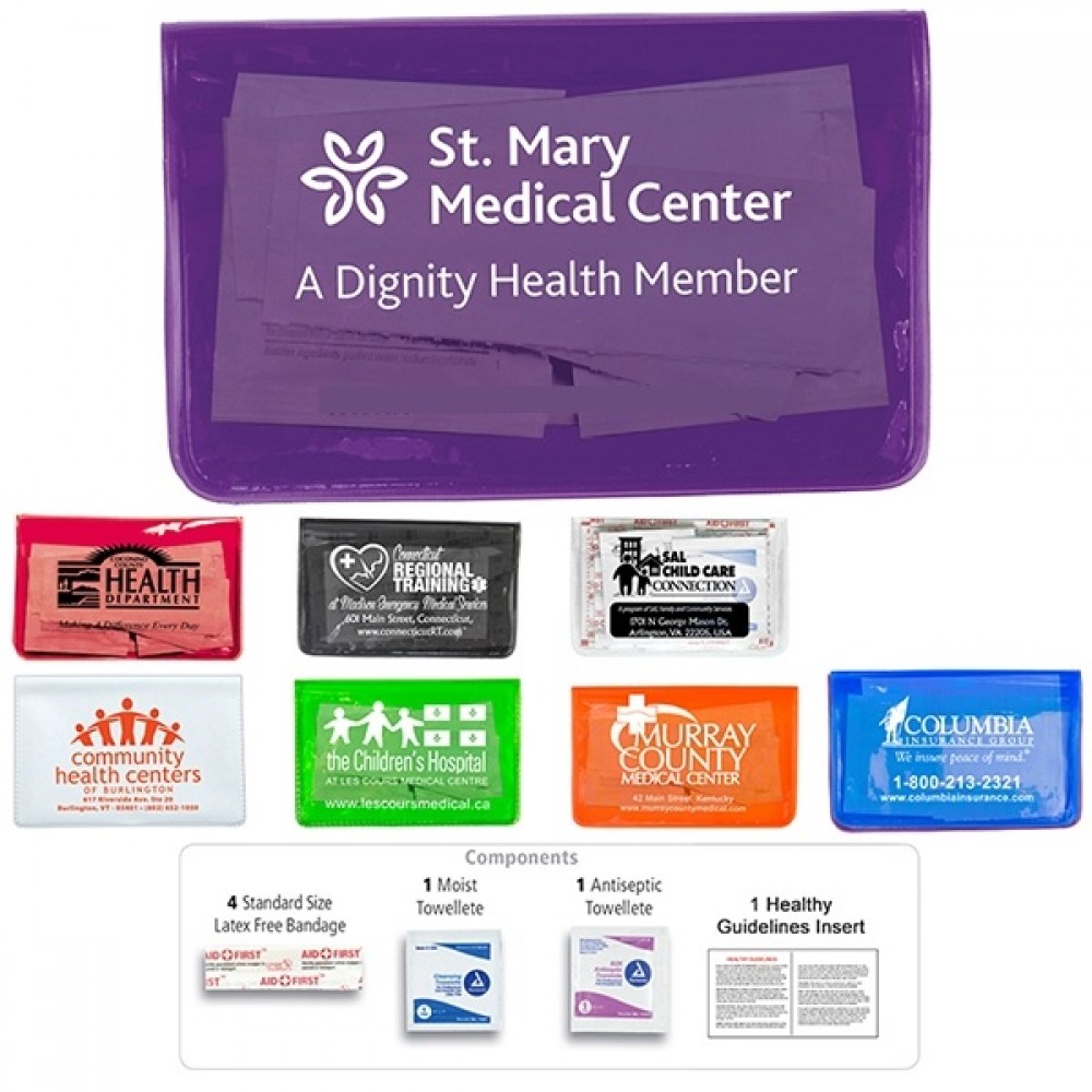 Custom Imprinted 7 Piece Economy First Aid Kits in Vinyl Pouch Custom Imprinted 7 Piece Economy First Aid Kits in Vinyl Pouch