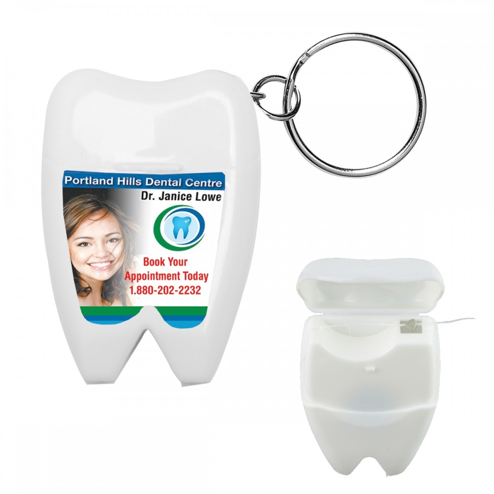 "Happy Teeth" Tooth Shaped Dental Floss Dispenser w/Keyring (Overseas) with Logo "Happy Teeth" Tooth Shaped Dental Floss Dispenser w/Keyring (Overseas) with Logo