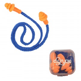 Customized Silicone Ear Plugs With Blue Polyester Cord And Clear Case