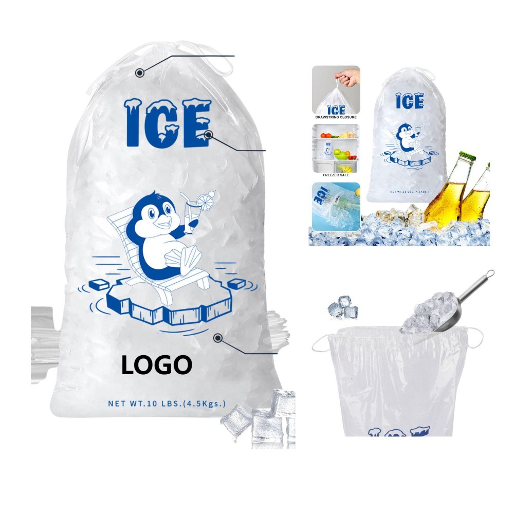 8LB Plastic Ice Cube Bags with Drawstring with Logo