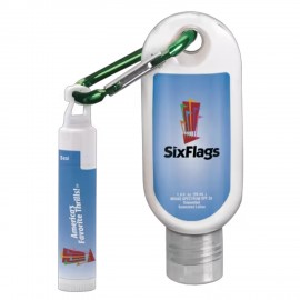 Logo Branded 1.9 oz 30 Sunscreen W/ Carabiner and 15 Lip Balm W/ Hook Cap