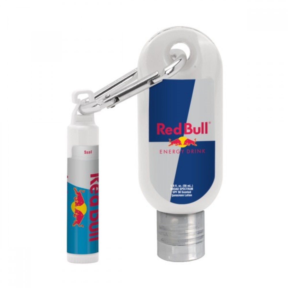 Logo Branded Custom 1.9 oz. SPF 50 Sunscreen with Carabiner and SPF 15 Lip Balm in White Tube with Hook Cap