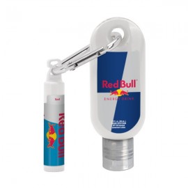Promotional Custom 1.9 oz. SPF 50 Sunscreen with Carabiner and SPF 15 Lip Balm in White Tube with Hook Cap