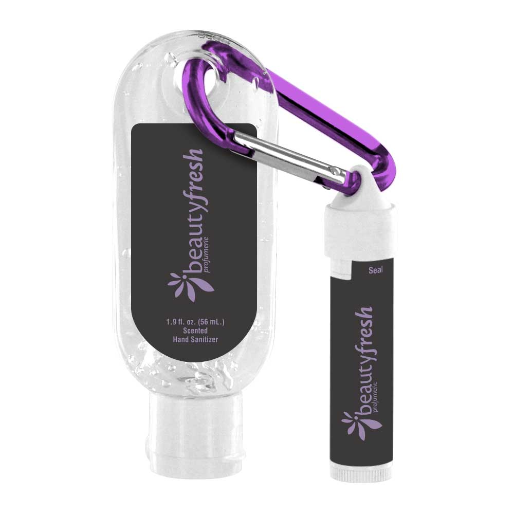 Customized 1.9 Oz. Clear Gel Sanitizer With Carabiner Attached To Spf 15 Lip Balm