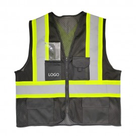 5 Pockets High Visibility Black Mesh Safety Vest with Logo