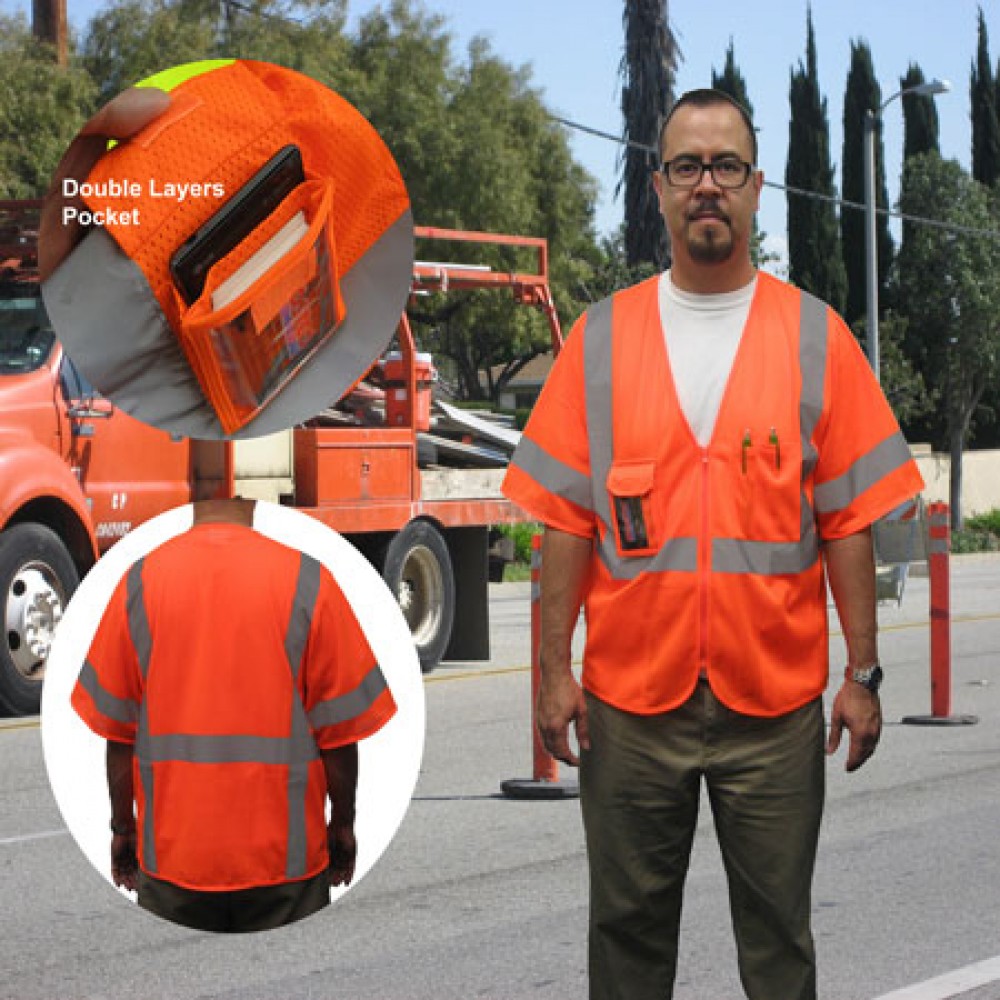 ANSI 107-2015 Class 3 Mesh Safety Vest Neon Orange With Multiple Pocket with logo