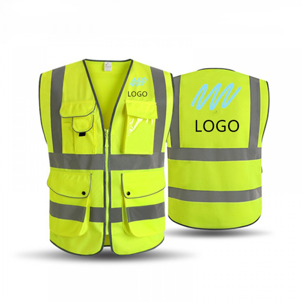 Custom Imprinted 9 Pockets High Visibility Safety Vest W/ Reflective Strips