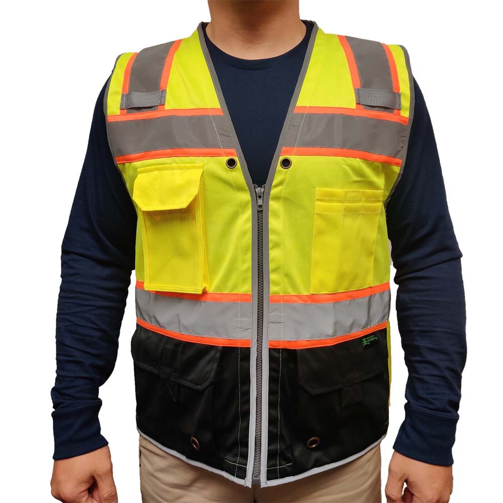 Deluxe ANSI Class 2 Solid Safety Vest With Reflective Piping And Black Bottom with logo Deluxe ANSI Class 2 Solid Safety Vest With Reflective Piping And Black Bottom with logo