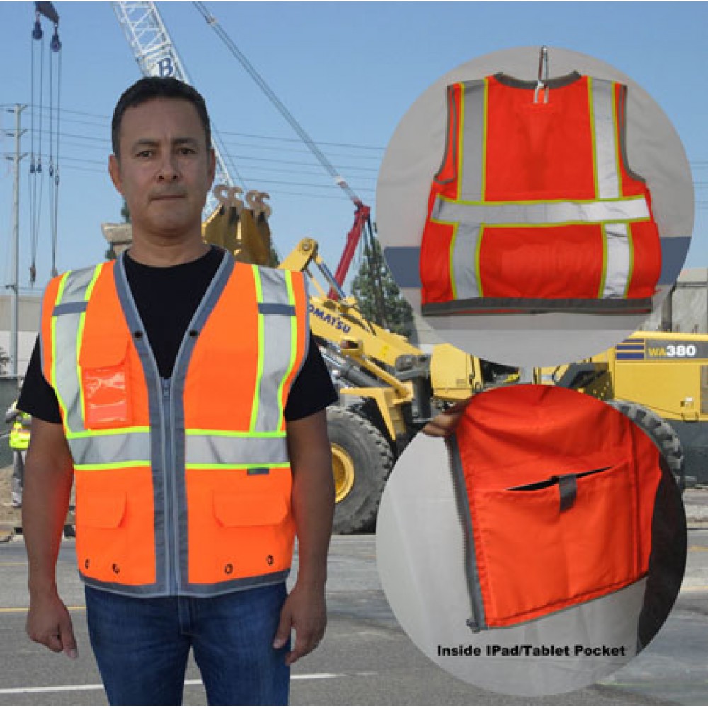 3C Products ANSI 107-2020 Deluxe Surveyor Neon Orange Vest Class 2 With Pockets with logo