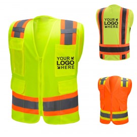 Promotional MOQ50Pcs Customize Reflective Surveyor Two-Tone Safety Vest With Multi functional Pocket