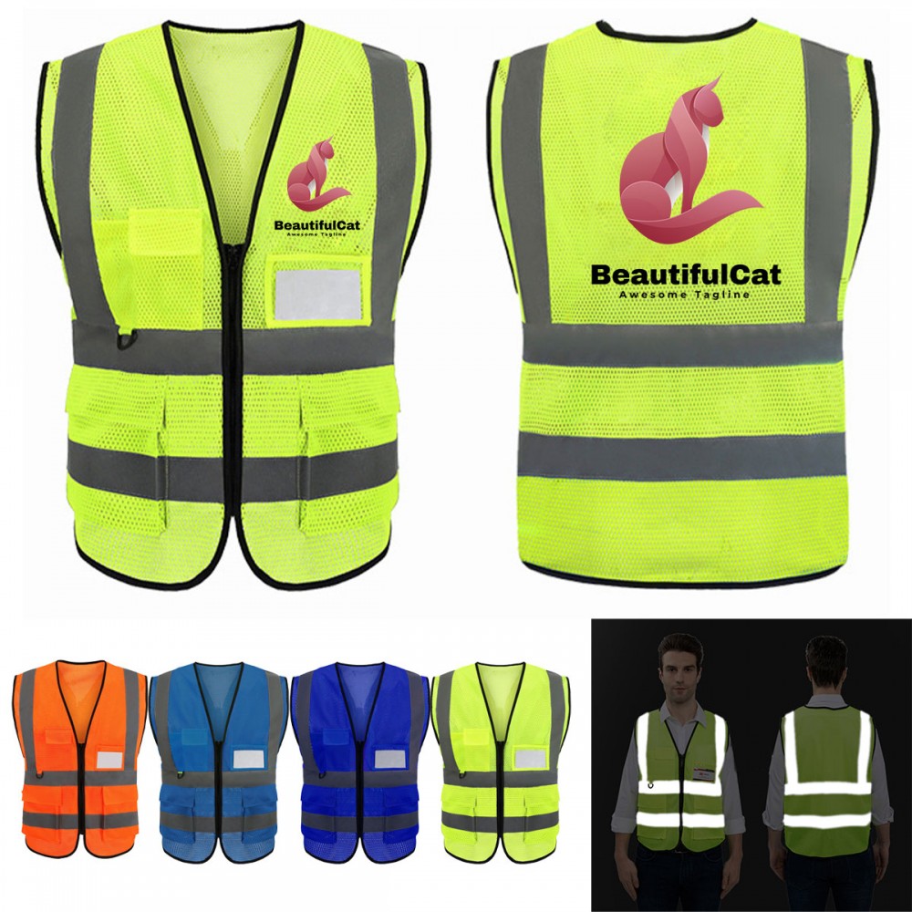 Promotional Safety Vest w/ Reflective Strips & Multi-Pockets