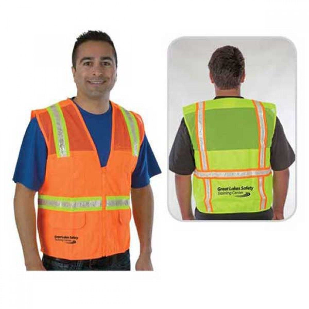 Custom Printed Traditional Surveyor Safety Vest Mesh Top/Solid Bottom Custom Printed Traditional Surveyor Safety Vest Mesh Top/Solid Bottom