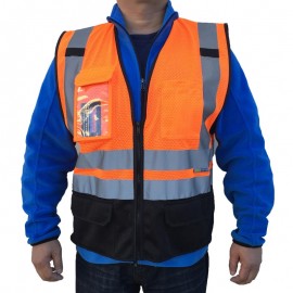 Custom 3C Safety Orange ANSI/ISEA 107-2015 Class 2 Mesh Safety Vest w/ 9 Pockets, Black Bottom, ID Pocket