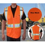 Custom Printed:Logo Branded 3C Products ANSI 107-2020 Class 2 Safety Vest Rice Mesh Neon Orange With Pockets