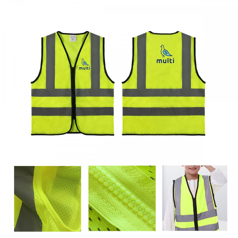 Custom Printed:Logo Branded High Visibility Kids Safety Vest w/ Reflective Strip