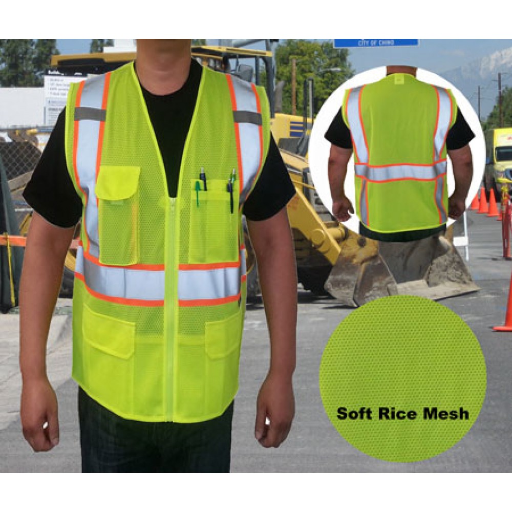 Custom Printed:Logo Branded 3C Products ANSI Class 2 Safety Vest Rice Mesh Neon Green with Pockets