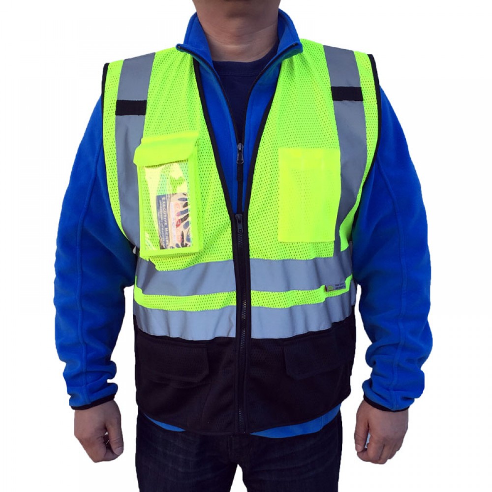 Custom 3C Safety Green ANSI/ISEA 107-2020 Class 2 Mesh Safety Vest w/ 9 pockets, Black bottom and ID pocket