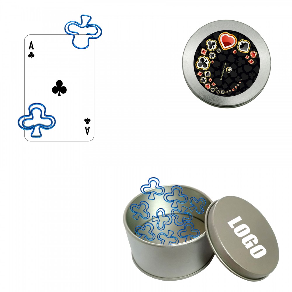 Logo Branded Playing Card Club Shaped Paper Clips in Tin Box