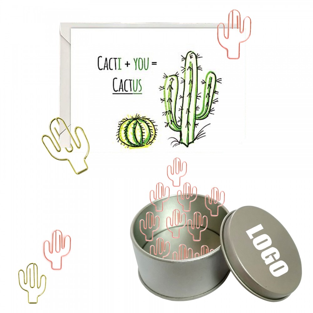 Cactus Shaped Paper Clips in Tin Box with Logo
