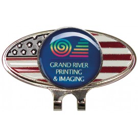 Logo Branded American Flag Oval Hat Clip w/ Golf Ball Marker (Laser Printed Marker)