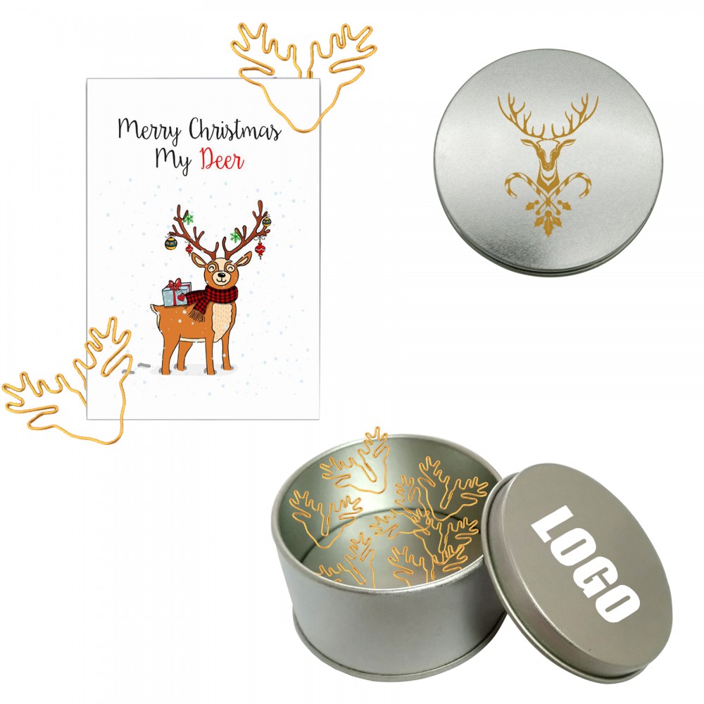 Reindeer Shaped Paper Clips in Tin Box with Logo