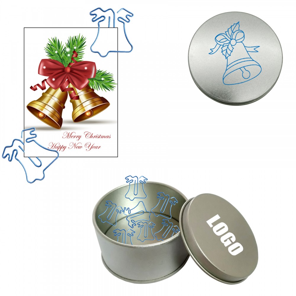 Logo Branded Christmas Bell Shaped Paper Clips in Tin Box