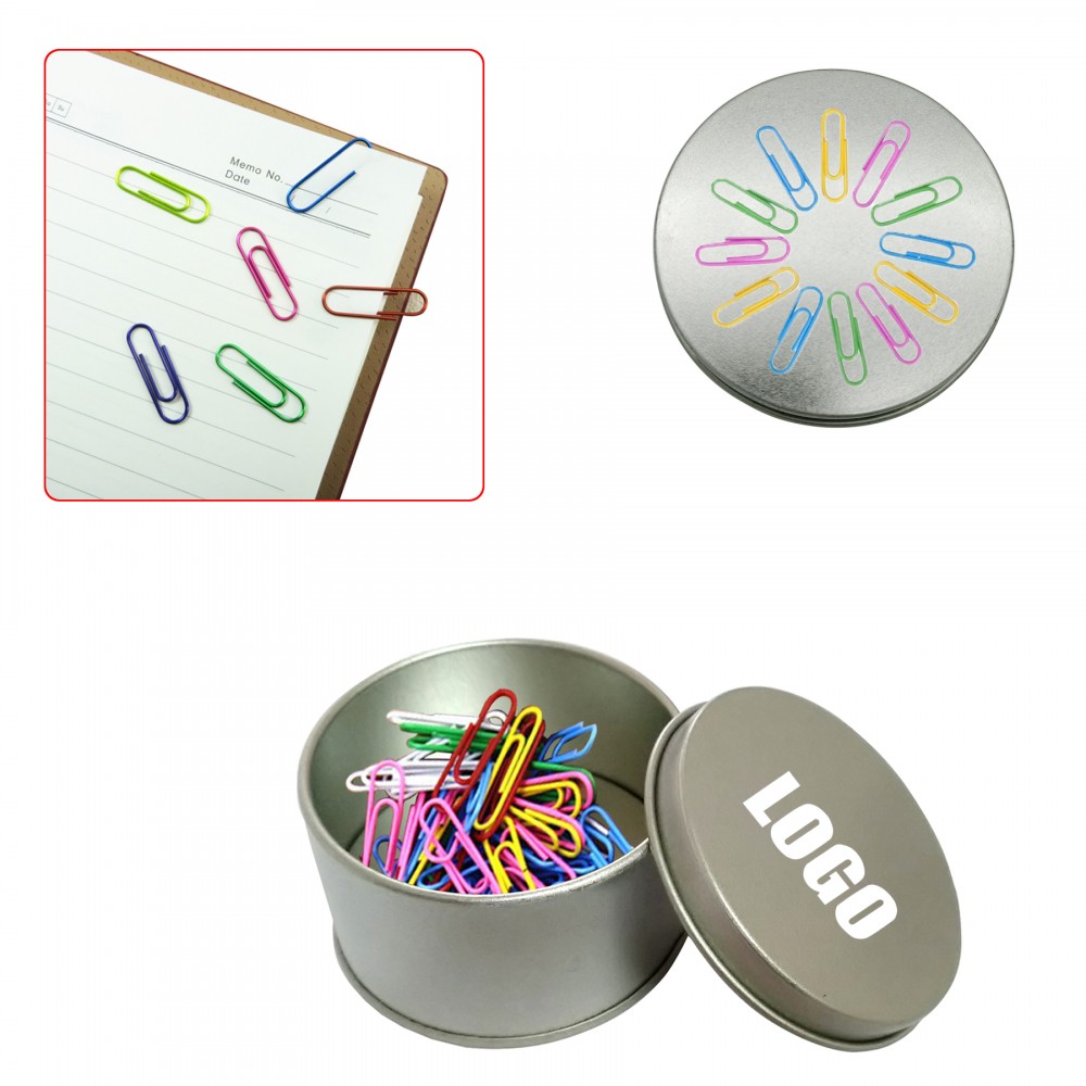 Assorted Color Regular Paper Clips in Tin Box with Logo