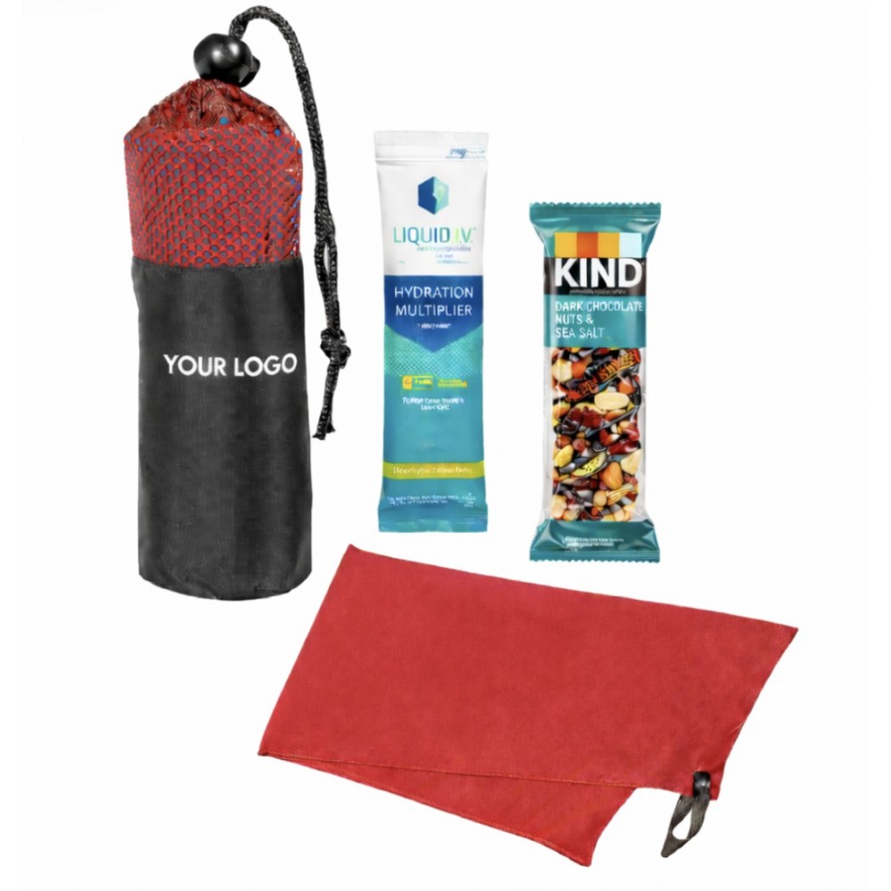 Cooling Towel In Mesh Pouch with Liquid IV & KIND Bar with Logo