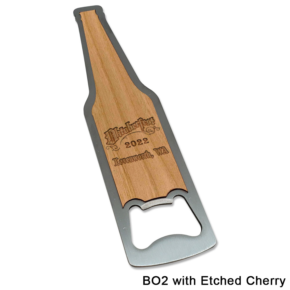 Personalized Laser etched Metal Opener - Maple or Cherry Wood Imprint