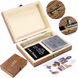 Premium 9pcs Whiskey Chilling Rock Stones Wood Box Gift Set 5.12" x 3.94" with Logo