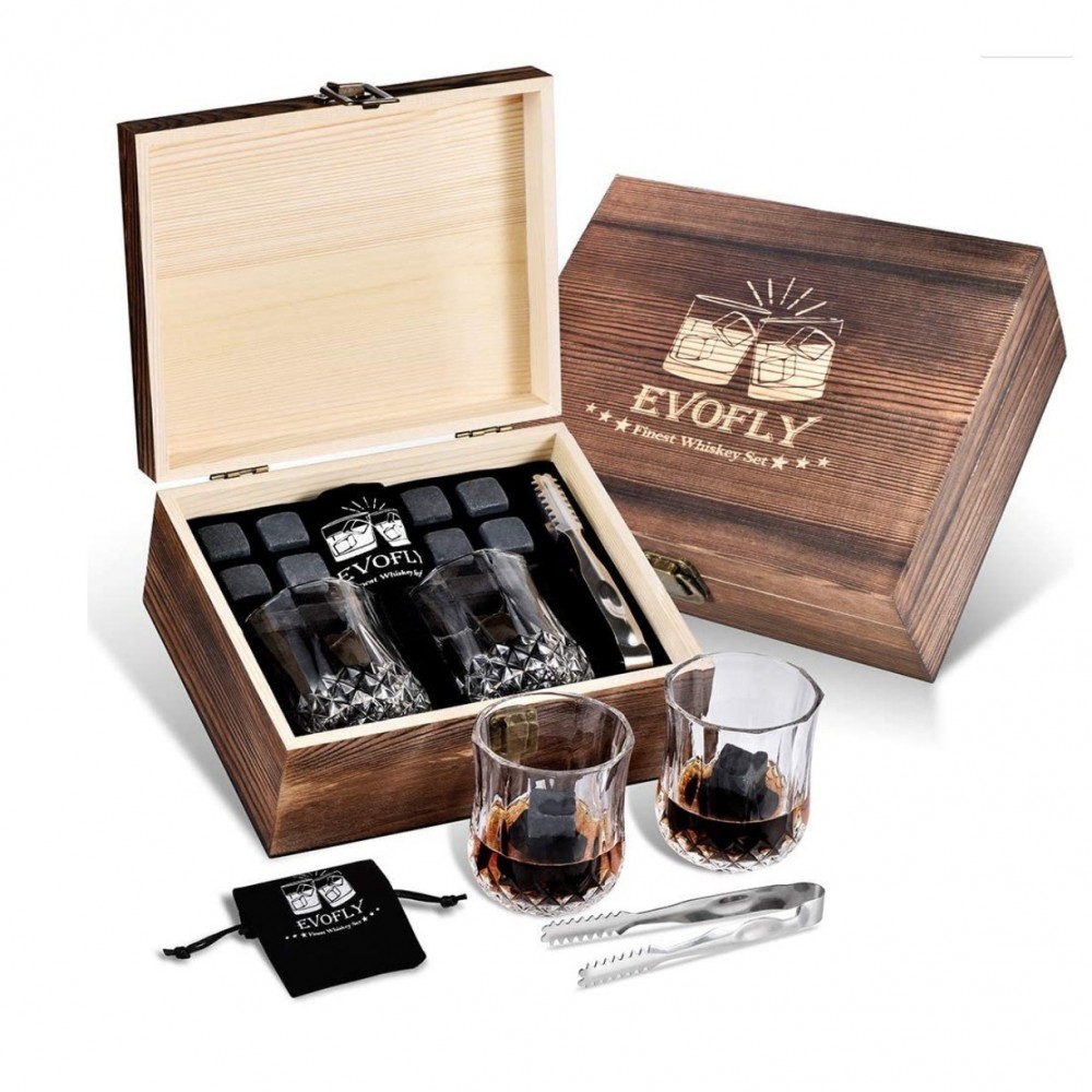Whiskey Glass and Natural Stones Gift Set with Logo