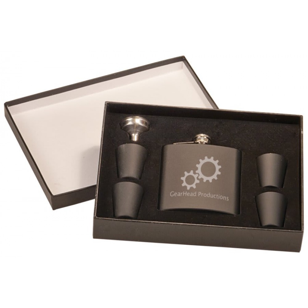Logo Branded 6 oz. Matte Black Flask Set in Black Presentation Box Logo Branded 6 oz. Matte Black Flask Set in Black Presentation Box