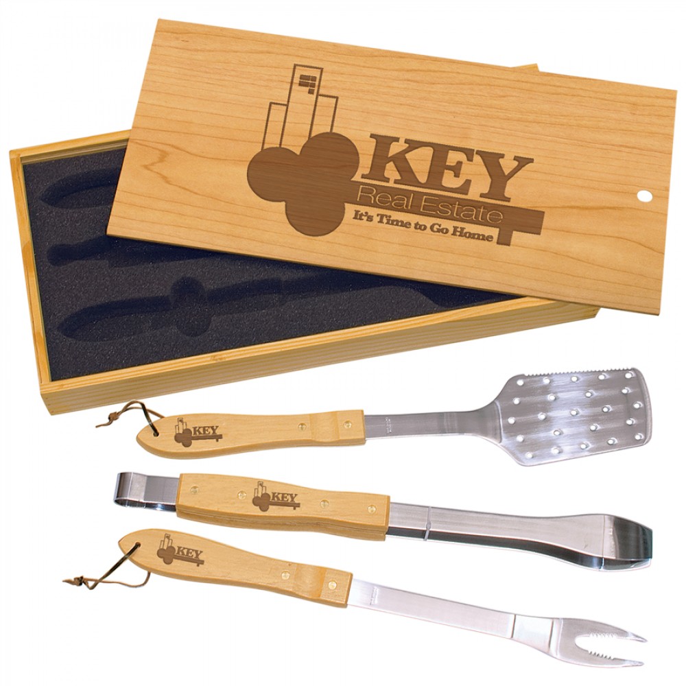 9.625" x 20" BBQ Set in Pine Wood Box with Logo