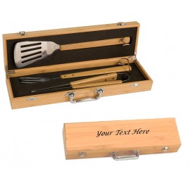 Promotional Bamboo BBQ Tool Gift Set - Laser Engraved - DISCONTINUED ITEM