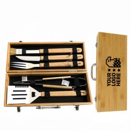 Logo Branded Premium Stainless Steel Wooden BBQ Grill Tool Set
