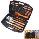 18 Pieces Wood BBQ Utensils in Carrying Case with Logo