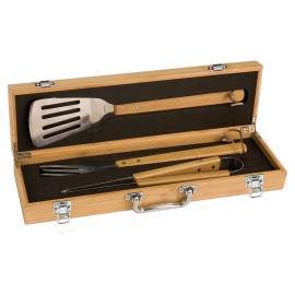 Promotional 3-Piece Bamboo BBQ Set in Bamboo Case