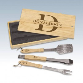 BBQ 3-Piece Set in Wooden Pine Box with Logo