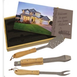 BBQ 3 Piece Set w/Wooden Pine Box with Logo  BBQ 3 Piece Set w/Wooden Pine Box with Logo