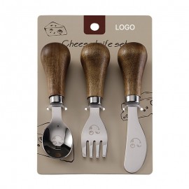 Logo Branded 304 Stainless Steel Smile Face Cutlery Set Wooden Handle Western Dessert Spoon Fork Knife