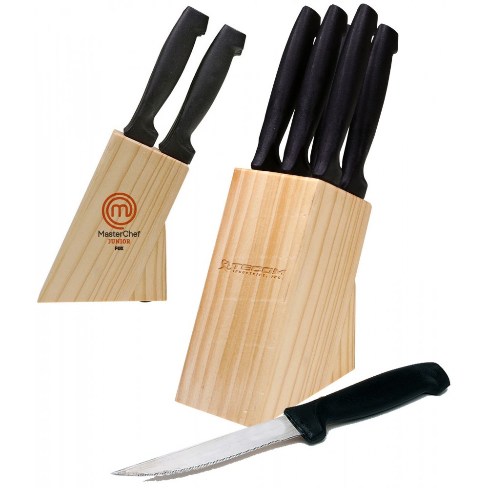 Logo Branded 6 Piece Steak Knife Set with Wood Block Logo Branded 6 Piece Steak Knife Set with Wood Block