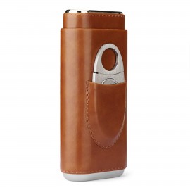 Custom Imprinted Brown Leather Cigar Case w/Stainless Steel Cutter Set