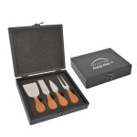Gourmet four piece cheese knife set with wood case with Logo