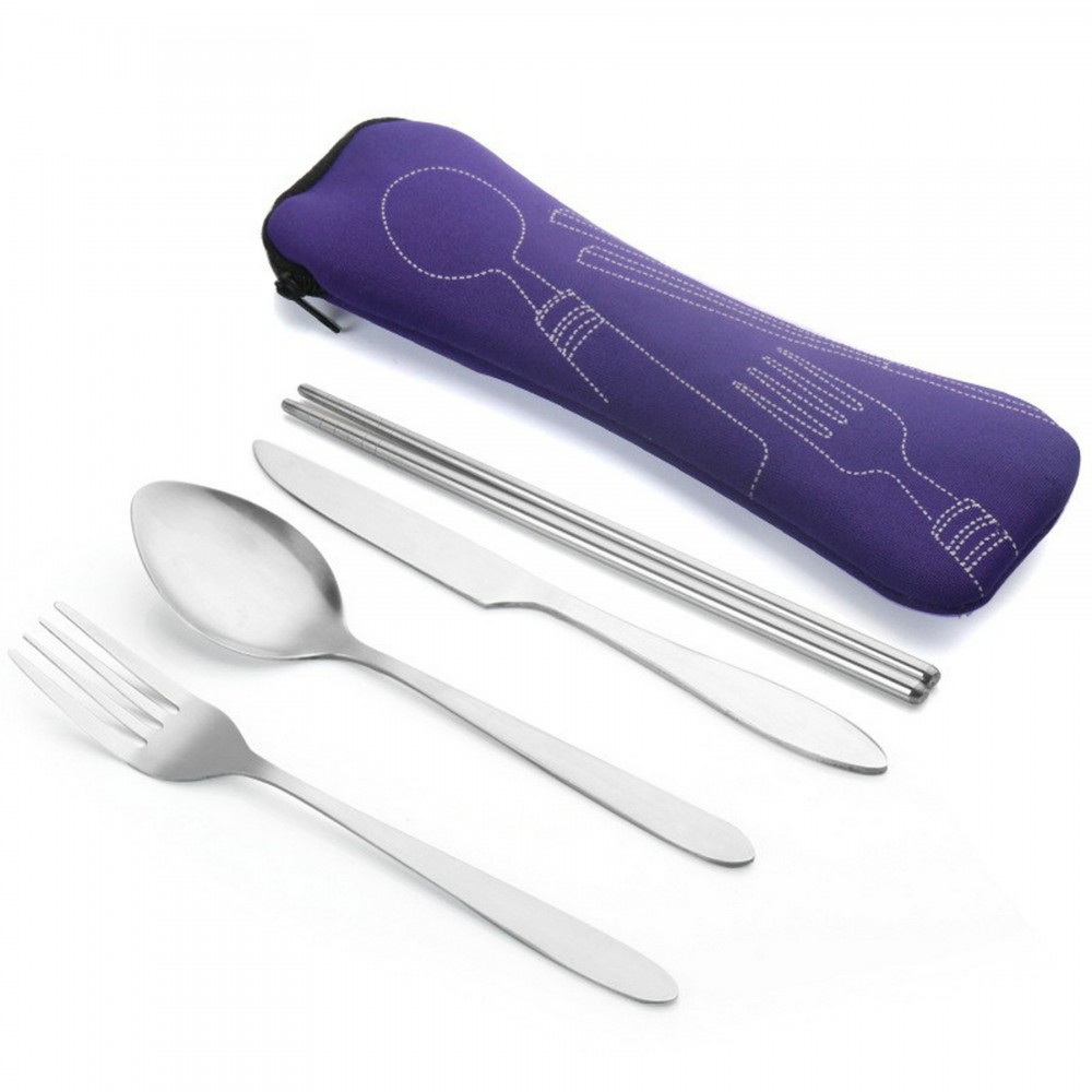 Custom Imprinted Silver 4pcs Portable Flatware Cutlery Set with Cutlery Pouch Custom Imprinted Silver 4pcs Portable Flatware Cutlery Set with Cutlery Pouch