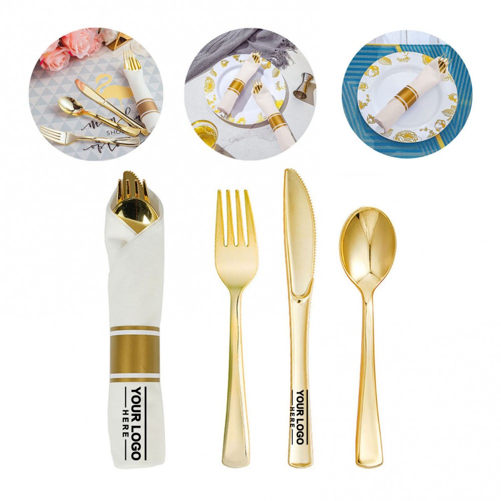 Wrapped Disposable Silverware Set with Fork Knives Spoon White Napkins Logo Branded