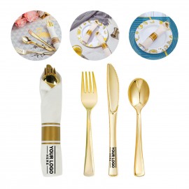 Wrapped Disposable Silverware Set with Fork Knives Spoon White Napkins Logo Branded