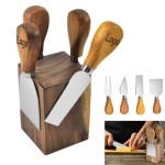 Custom Printed 5-Piece Wood Cheese Knife with Magnetic Holder Set