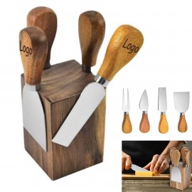 Custom Printed 5-Piece Wood Cheese Knife with Magnetic Holder Set