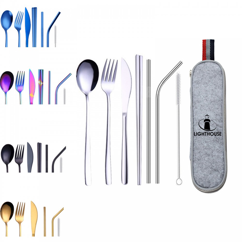Customized Stainless Steel Cutlery 7 Piece Set , Felt Bag