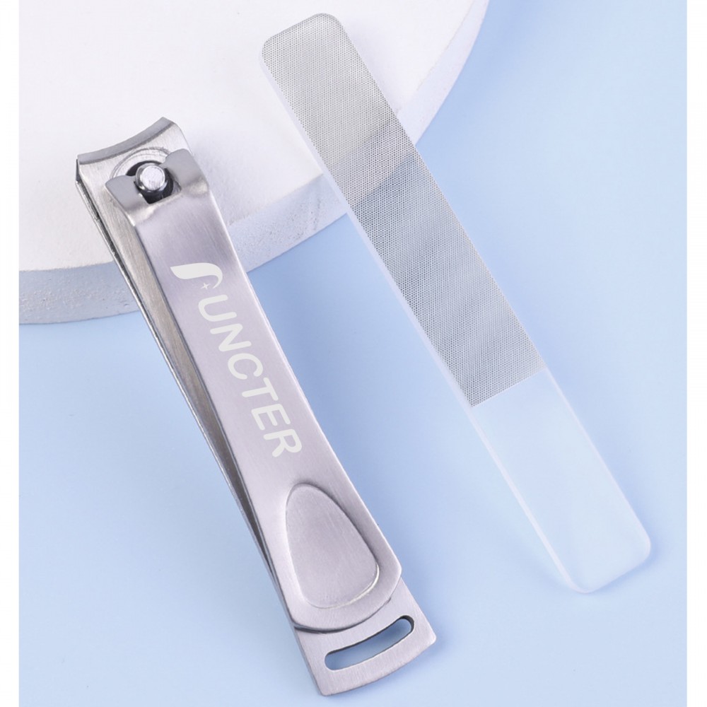 Logo Branded Stainless Steel Nail Clipper & Glass Nail File Set